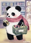 anthro biped black_body black_nose blush can chibi container detailed_background scarf solo white_body araru bear giant_panda mammal 2024 hi_res