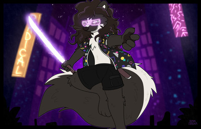 anthro arcade_carpet bottomwear clothed clothing cyberpunk cyberpunk_clothes eyewear glasses hair jumping katana laser_sword long_hair male melee_weapon open_clothing open_shirt open_topwear shirt shorts solo sword topwear weapon graedius_(artist) lucas_(graedius) mammal mephitid skunk