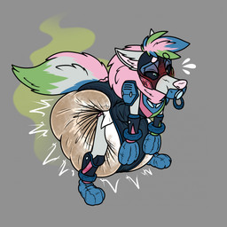 anthro bent_over bent_over_with_legs_held_straight big_diaper blue_body blue_booties blue_clothing blue_fur blue_hair blue_handwear blue_mittens blush blush_lines booties bulge clothing diaper excessive_feces face_covered feces fumes fur green_body green_fur green_hair grey_body grey_fur hair handwear hyper hyper_feces hyper_soiling male mittens object_in_mouth pacifier pacifier_in_mouth pink_body pink_fur pink_hair pink_nose pooping soiled_diaper soiling soiling_diaper solo standing stink_fumes tail unclean_diaper used_diaper using_diaper poofbuttrocky rocky_(poofbuttrocky) canid canine canis mammal wolf 1:1 hi_res