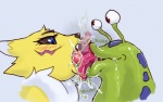 anthro bandai_namco black_sclera blue_eyes blush bodily_fluids canid canine cheek_tuft digimon digimon_(species) digital_media_(artwork) digital_painting_(artwork) drooling duo english_text eyestalks facial_tuft fangs female french_kissing fur gastropod googly_eyes green_body green_skin kissing larger_female licking licking_tongue lips male mammal mollusk neck_tuft numemon open_mouth red_eyes renamon romantic romantic_couple saliva side_view simple_background size_difference slime sloppy_kiss slug smaller_male sound_effects teeth text tongue tongue_out tuft ungulatr white_body white_fur yellow_body yellow_fur