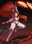 boots breasts clothed clothing ear_piercing ear_ring female fingerless_gloves footwear gloves green_eyes hair handwear lava long_hair magic navel open_mouth piercing red_hair ring_piercing shoes solo sonicboom30813 shantae_(series) wayforward harmony_(shantae) genie humanoid hi_res