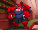 3_toes 4_arms 5_fingers anthro anthrofied backpack barefoot bendy_straw big_muscles biped black_eyes book bookshelf bottomwear clothed clothing container cup detailed_background drinking_straw eyebrows feet fingers fur furniture grin head_tuft holding_book holding_container holding_cup holding_object huge_muscles inside library male multi_arm multi_limb muscular muscular_anthro muscular_male nipples purple_nipples raised_eyebrow red_body red_fur red_nose shirt shorts smile solo standing tank_top text toes topwear torn_clothing tuft uniparasite disney lilo_and_stitch himbo_leroy leroy_(lilo_and_stitch) alien experiment_(lilo_and_stitch) 2021 digital_drawing_(artwork) digital_media_(artwork) signature unavailable_at_source