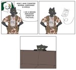 3_panel_comic anthro belt black_clothing black_gloves black_handwear camo camo_clothing camo_print clothing dialogue furniture gloves hand_on_hip handwear hiding_behind_object humor male mercenary military military_uniform paper pattern_clothing rhodesia scared shirt smile smug sofa solo speech_bubble text text_on_clothing text_on_shirt text_on_topwear thought_bubble topwear uniform fanteliscio soyjak canid canine canis mammal wolf absurd_res comic hi_res