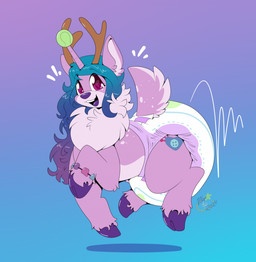 antlers ball big_diaper blue_hair bracelet clothed clothing cloven_hooves diaper diaper_fetish female feral fur gradient_hair hair hooves horn jewelry multicolored_hair neck_tuft pink_body pink_diaper pink_fur purple_eyes purple_hair solo tennis_ball tuft two_tone_hair unicorn_horn wearing_diaper white_diaper maynara hasbro mlp_g5 my_little_pony izzy_moonbow_(mlp) deer mammal new_world_deer reindeer hi_res