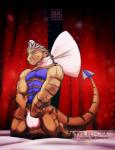 anthro big_bow biped bow_(feature) bow_accessory bow_in_back bulge clothed clothing kneeling looking_at_viewer male muscular muscular_anthro muscular_male neck_bow smile solo topless neosavias dinosaur prehistoric_species reptile scalie theropod hi_res