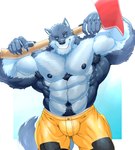 abs anthro armpit_hair axe beak black_nipples black_pawpads black_sclera blue_background blue_body blue_eyes blue_fur body_hair bottomwear claws clothing finger_claws firefighter firefighter_uniform fur grin holding_axe holding_object male muscular muscular_anthro muscular_male naval_tuft navel nipples obliques pants pawpads pecs pubes simple_background smile solo uniform white_background yellow_bottomwear yellow_clothing yellow_pants titandraugen roderick_(limits_vn) axe_beak canid canine canis mammal wolf 2022 hi_res