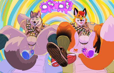abstract_background anal anal_penetration anthro anus biped black_body black_fur black_nose blue_dildo blue_tongue bottomless brainwashing butt chastity_cage chastity_device clean_diaper clothed clothing diaper diaper_change dildo dipstick_tail duo footprint footwear fur green_clothing green_footwear green_socks grey_body grey_fur hair humiliation hypnosis lgbt_pride male markings mind_control multicolored_body multicolored_fur one_eye_closed open_mouth open_smile orange_body orange_fur pawprint pawprint_(marking) penetration presenting presenting_hindquarters pride_colors purple_dildo rainbow_pride_colors ringed_eyes sash scout_badge scout_uniform sex_toy sharp_teeth shoes smile socks spiral_background tail tail_markings teeth tongue uniform white_body white_fur daire301 krev splicer_(character) canid canine canis fox mammal wolf 2025 digital_media_(artwork) hi_res