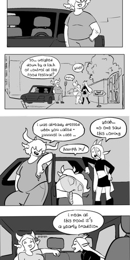 2_horns bedroom_eyes belly belly_blush belly_overhang big_belly big_breasts big_butt bloated blush blush_stickers body_blush bottomwear breasts butt car clothing compliment denim denim_bottomwear denim_clothing denim_shorts dialogue driving driving_car duo_focus eye_contact feederism feedism female female/female female_focus gesture group hair hair_over_eyes hand_holding hand_on_belly heart_symbol holding_belly horn imminent_kiss inside_car inside_vehicle kissing leaning_on_another legwear long_hair looking_at_another love male midriff narrowed_eyes obese obese_female obese_humanoid open_mouth outside overweight overweight_female overweight_humanoid overweight_male romantic romantic_couple seat_belt seductive shirt shorts simple_background sitting skirt speech_bubble stuffing teasing text thigh_highs topwear touching_cheek trio vehicle walking waving weight_difference weight_gain heavyheavycream honey_(heavyheavycream) oat_(heavyheavycream) strawb_(heavyheavycream) horned_humanoid humanoid mammal absurd_res comic digital_media_(artwork) english_text greyscale hi_res long_image monochrome spot_color tall_image