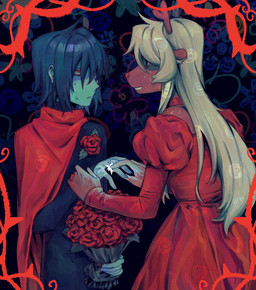 anthro blue_background blue_body blue_hair blue_skin brown_body brown_fur clothing dress duo female flower freckled_face freckled_shoulders freckles fur hair male plant red_clothing red_dress red_eyes ring simple_background snowgrave goomyloid deltarune undertale_(series) kris_dreemurr noelle_holiday deer human mammal new_world_deer reindeer 2025 hi_res nonbinary_(lore)
