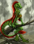 anthro bandeau bottomwear breasts butt clothing cloud day detailed_background feet female fingers forest grass green_body hair loincloth non-mammal_breasts outside plant red_hair sky solo toes topwear tree tribal tribal_clothing yellow_eyes caribou_(artist) uthalla dinosaur dromaeosaurid prehistoric_species reptile scalie theropod 2020 hi_res