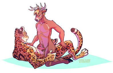 anal anal_penetration anthro anthro_on_anthro antlers cowgirl_position duo eyes_closed from_front_position genitals hooves horn lying male male/male male_on_bottom male_on_top male_penetrated male_penetrating male_penetrating_male nude on_back on_bottom on_top penetration penis predator/prey sex straddling tail flynx-flink deer felid jaguar mammal pantherine 2018