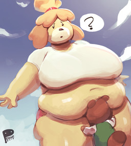 anthro belly belly_on_head belly_overhang belly_rest belly_squish big_belly big_breasts blonde_hair bottomwear breasts clothed clothing cloud crop_top day duo face_in_belly face_in_crotch female fur hair hair_bun hug huge_breasts larger_female love_handles macro male navel obese obese_anthro obese_female open_mouth outside overweight overweight_anthro overweight_female question_mark shirt shorts size_difference sky smaller_male squish t-shirt thick_thighs topwear weight_difference yellow_body yellow_fur peculiart animal_crossing nintendo isabelle_(animal_crossing) tom_nook_(animal_crossing) canid canine canis domestic_dog mammal raccoon_dog shih_tzu tanuki toy_dog 2019 absurd_res hi_res signature