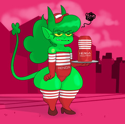 angry armwear blush clenched_teeth clothed clothing clover_tail elbow_gloves embarrassed female fictional_product flat_chested footwear gloves hair half-closed_eyes handwear high_heels horn humiliation legwear narrowed_eyes pattern_clothing penetrable_sex_toy public public_humiliation sex_toy shoes skimpy socks solo striped_clothing stripes tail teeth text thick_thighs thigh_highs thigh_socks wide_hips nylonhellhole mythology tenga ivy_(nylonhellhole) animal_humanoid demon humanoid imp mammal mammal_humanoid english_text hi_res