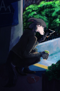 anthro beverage_can box_of_chocolates candy chocolate cigarette cigarette_holder dessert female food heartbroken holidays looking_at_viewer office_lady raining smoke solo mr.foxman beastars valentine's_day juno_(beastars) canid canine canis mammal wolf 2:3 hi_res