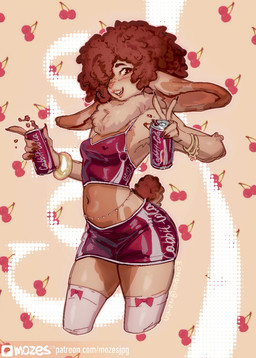 afro anthro armpit_hair beverage_can blush body_hair bracelet cherry chest_tuft clothed clothing female female_anthro food fruit gesture hair hair_over_eye hand_gesture jewelry legwear long_ears looking_at_viewer navel plant short_tail skimpy smile soft_drink solo standing tail thigh_highs tuft v_sign mozes.ipg coca-cola cabbit_(faesbum) domestic_cat felid feline felis lagomorph leporid mammal rabbit 2025 hi_res