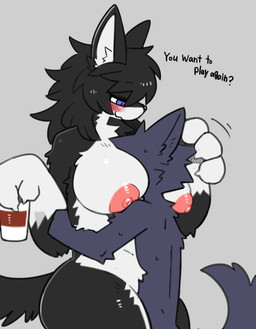 anthro anthro_on_anthro areola arm_tuft big_breasts biped black_body black_fur blush bodily_fluids breasts cat_smile container cup curvy_figure dialogue duo elbow_tuft face_in_breasts female fur fur_tuft grey_background grey_body grey_fur head_tuft holding_container holding_cup holding_object hug hugging_another inner_ear_fluff intraspecies larger_anthro larger_female looking_down looking_down_at_partner male male/female multicolored_body multicolored_fur nipples nude nude_anthro nude_female nude_male purple_eyes side_view simple_background size_difference slim slim_anthro slim_male smaller_anthro smaller_male sweat tail text tuft two_tone_body two_tone_fur white_body white_fur wide_hipped_anthro wide_hipped_female wide_hips pizademokttero nifram_logan canid canine canis mammal wolf 2026 digital_drawing_(artwork) digital_media_(artwork) english_text hi_res