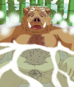 anthro balls bamboo bathing belly big_belly brown_body brown_fur detailed_background eyes_closed eyewear fur genitals glasses humanoid_hands kemono male moobs overweight overweight_male penis sitting solo siroihigenokoi mammal suid suine sus_(pig) wild_boar 2024 hi_res