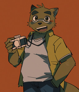 anthro blue_bottomwear blue_clothing blush bottomwear brown_body brown_eyes brown_fur camera clothing eyewear fur glasses kemono male pants red_background shirt simple_background slightly_chubby smile solo topwear white_clothing white_shirt white_topwear yellow_clothing yellow_shirt yellow_topwear ptb_3_trying morenatsu kounosuke_kuri canid canine mammal raccoon_dog tanuki 2024 hi_res