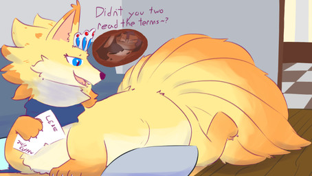 anthro barefoot blue_eyes crown dialogue duo feet fluffy fluffy_tail fur headgear holding_object holding_paper open_mouth paper scarf tail talking_to_another tiara vore wide_eyed yellow_body yellow_fur somedorkzter emberflame_(tavin_forchune) foxheart canid canine fox mammal