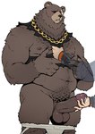 anthro belly bite biting_lip blush bodily_fluids brown_body brown_fur chain_necklace clothing cum cum_on_hand duo erection eye_scar facial_scar fur genital_fluids genitals handjob human_on_anthro humanoid_genitalia humanoid_penis interspecies jewelry jockstrap male necklace overweight overweight_male penile penis precum scar sex solo solo_focus underwear schizoid mihoyo zenless_zone_zero ben_bigger wise_(zenless_zone_zero) bear human mammal 2024