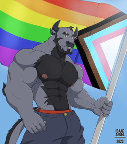 abs anthro areola barazoku beard biped blue_background brown_eyes chest_tuft clothed clothing day ear_piercing ear_ring facial_hair flag flag_(object) front_view fur grey_body grey_fur holding_flag holding_object lgbt_pride looking_at_viewer looking_down low-angle_view male muscular muscular_anthro muscular_arms muscular_male nipples outside pecs piercing pride_colors progress_pride_colors ring_piercing simple_background smile solo text topless topless_anthro topless_male tuft isaac_andel lgbt_pride_month bovid bovine cattle mammal 2023 absurd_res artist_name colored hi_res