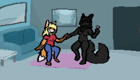 alcohol anthro beverage black_body black_fur black_hair blonde_hair breasts butt clothed clothing dancing drunk duo female female/female fur hair nude orange_body orange_fur shaking_butt smile smirk spilling_drink substance_intoxication wine daukus deltarune mythology the_ol'_jitterbug_(meme) undertale_(series) jenna_(daukus) lucy_(daukus) canid canine canis fox mammal mythological_canine mythological_creature werecanid werecanine werecreature werewolf wolf animated digital_media_(artwork) pixel_(artwork) pixel_animation short_playtime sound video