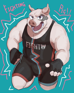 5_fingers anthro black_clothing black_gloves black_handwear black_wrestling_singlet blue_background bulge clothing fingers gloves handwear male muscular muscular_anthro muscular_male open_mouth pink_body pink_skin simple_background solo text wrestler wrestling_singlet nekodon_san domestic_pig mammal suid suine sus_(pig) 2025 absurd_res english_text hi_res