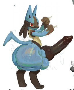 animal_genitalia animal_penis anthro balls big_balls big_butt big_penis biped black_body black_fur blue_body blue_fur bottom_heavy butt canine_genitalia canine_penis digitigrade fur genitals huge_balls huge_butt huge_penis huge_thighs hyper hyper_balls hyper_butt hyper_genitalia hyper_penis knot long_tail looking_at_viewer male nude penis pointy_ears rear_view red_eyes serious simple_background solo spikes standing tail thick_thighs anonymous_artist nintendo pokemon generation_4_pokemon lucario pokemon_(species) digital_media_(artwork) digital_painting_(artwork) hi_res painting_(artwork)