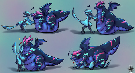 3_fingers 3_toes 4_ears 4_fingers abstract_background ambiguous_feral ambiguous_gender anthro arm_markings arm_tuft back_markings back_wings belly belly_squish big_belly black_body black_claws black_feathers blue_body blue_claws blue_eyes blue_feathers blue_fur blue_markings blue_wings claws concern dewclaw directional_arrow duo ear_markings eye_markings falling_on_another falling_over feather_markings feathered_tail feathers feet female female_anthro feral finger_markings fingers foot_markings fur fur_hair heart_symbol horn hug huge_belly hugging_another hugging_belly immobile impact_lines laying_on_another leg_markings lifting_another looking_at_another lying markings membrane_(anatomy) membranous_wings morbidly_obese multi_ear obese obese_feral on_back on_front overweight overweight_feral purple_belly purple_body purple_scales purple_wings pushing_another red_horn red_markings scales shadow shoulder_markings shoulder_tuft simple_background sitting small_wings smile smiling_at_another sparkles squish standing tail tail_markings teeth thick_tail thick_thighs thigh_markings toes tuft ventral_scales wing_claws wing_markings winged_arms wings wrist_markings yellow_markings azorukon mythology eili_(k'braid) iota_orionis_(ritualneo) avali dragon mythological_creature mythological_scalie scalie digital_media_(artwork) hi_res sequence shaded watermark