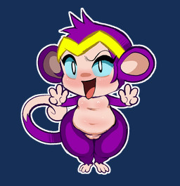 alternate_species barely_visible_genitalia barely_visible_vulva big_ears black_eyes blue_sclera crown double_v_sign female fur genitals gesture hair hand_gesture head_tuft headgear purple_body purple_fur purple_hair solo tan_body tan_skin thick_thighs tiara tuft v_sign vulva wide_hips twixbartrix shantae_(series) wayforward shantae shantae_(monkey_form) haplorhine mammal monkey primate alpha_channel hi_res