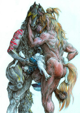 abdominal_bulge anal anal_penetration anthro bodily_fluids cum cum_while_penetrated deep_penetration deep_throat ejaculation extreme_penetration fellatio genital_fluids group group_sex hand_holding hands-free holding_leg hooves male male/male meeting_in_the_middle muscular muscular_anthro oral oral_penetration paws penetration penile sex size_difference spitroast suspended_by_penis threesome trio a_inc bucephalus stefan_sledwolf tahoe_(stormwx_wolf) canid canine canis domestic_dog equid equine horse husky hybrid mammal nordic_sled_dog spitz wolf zebroid zorse absurd_res hi_res traditional_media_(artwork)