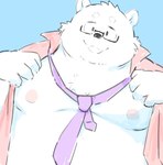 anthro belly big_belly black_nose blue_background clothed clothing eyewear glasses kemono male moobs necktie nipples open_clothing open_shirt open_topwear overweight overweight_male shirt simple_background solo topwear sessa bear mammal polar_bear ursine 2024 portrait