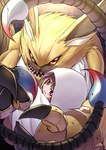 angry anthro brown_hair claws clothing duo female fur hair hug long_ears long_hair male orange_eyes protective purple_eyes robe sharp_teeth teeth winged_arms wings yellow_body yellow_fur hase_popopo bandai_namco digimon digimon_ghost_game ruri_tsukiyono digimon_(species) human lamortmon mammal