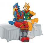 2019 anthro avian ball_gag bdsm bird blue_body blue_feathers bondage boots bound bulge canid canine clothed clothing dom_fox duo erection erection_under_clothing falco_lombardi feathers footwear fox fox_mccloud fur gag gagged half-closed_eyes hi_res hicanyoumooforme legs_tied male male/male mammal narrowed_eyes nintendo orange_body orange_fur star_fox submissive submissive_male teeth tongue underwear