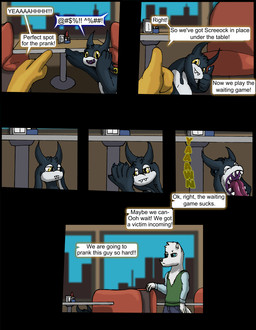anthro claws dialogue duo first_person_view gesture hand_gesture hiding horn male male/male open_mouth pointing teeth text tongue yawn inhumaninterest canid canine canis demon hellmouth_imp imp mammal wolf comic english_text hi_res multiple_scenes