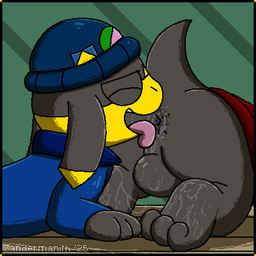 anal anthro anus balls beanie black_border bodily_fluids border bottomless bottomless_anthro bottomless_male butt clothed clothed_anthro clothed_male clothing duo ellipsis eyes_closed feet fur genitals grey_body grey_fur hat headgear headwear male male/male male_penetrated male_rimming_male open_mouth open_smile oral penetration raised_tail rimming saliva saliva_on_anus saliva_on_balls saliva_on_foot saliva_string sex smile tail text tilde_after_text tongue tongue_out yellow_body zandermanith nintendo pokemon generation_2_pokemon generation_6_pokemon helioptile houndour pokemon_(species) 1:1 2025 2d_animation animated artist_name dated digital_media_(artwork) pixel_(artwork) pixel_animation