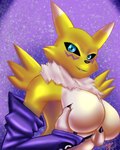 anthro armwear black_nose black_sclera blue_eyes breasts claws clothing elbow_gloves featureless_breasts female fingerless_gloves fur gloves grabbing_own_breast handwear holding_breast l_re looking_at_viewer neck_tuft self_grope solo tuft white_body white_fur yellow_body yellow_fur mtapartstuff bandai_namco digimon international_renamon_appreciation_month canid digimon_(species) mammal renamon 2018 bust_portrait hi_res portrait signature