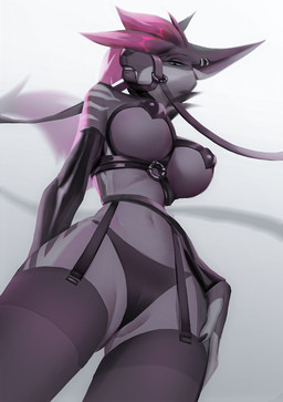 anthro black_clothing black_legwear black_panties black_underwear blue_eyes breasts clothed clothing ear_piercing ear_ring fangs female glistening glistening_eyes grey_body grey_breasts hair leash legwear lingerie looking_at_viewer looking_down looking_down_at_viewer low-angle_view muzzle_(object) muzzled narrowed_eyes panties piercing pink_hair ring_piercing simple_background skimpy solo striped_arms stripes tail tail_tuft teeth tuft underwear white_background white_stripes shermugi striva_voros acrador canid canine canis jackal mammal 2021 hi_res portrait three-quarter_portrait