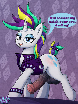 alternative_fashion animal_genitalia animal_penis balls blue_eyes clothed clothed_feral clothing cutie_mark dialogue equine_genitalia equine_penis erection feral fur genital_raphe genitals gynomorph hair horn intersex jacket looking_at_viewer mane multicolored_hair penis punk raphe_(anatomy) scrotal_raphe short_tail simple_background solo speech_bubble tail talking_to_viewer text topwear unicorn_horn vein veiny_penis walking white_body white_fur conditional_dnp hmdkoba friendship_is_magic hasbro my_little_pony mythology raripunk rarity_(mlp) equid equine mammal mythological_creature mythological_equine unicorn english_text hi_res shaded