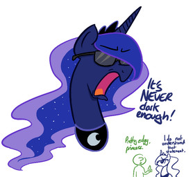 ambiguous_gender crown dialogue duo exclamation_point eyewear female hair headgear horn long_hair open_mouth simple_background sunglasses text white_background shoutingisfun friendship_is_magic hasbro my_little_pony mythology anon princess_luna_(mlp) equid equine mammal mythological_creature mythological_equine unicorn english_text