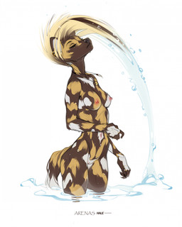 5_fingers anthro areola biped blonde_hair breasts brown_body brown_fur brown_tail casual_nudity claws day eyes_closed female female_anthro finger_claws fingers fur genitals hair long_hair medium_breasts navel nipples nude nude_anthro nude_female outdoor_nudity outside pose simple_background solo standing tail text three-quarter_view vulva hale. arenas_(lth935) african_wild_dog canid canine mammal 2025 artist_name digital_drawing_(artwork) digital_media_(artwork) english_text hi_res portrait shaded soft_shading three-quarter_portrait