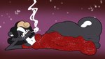 black_body black_fur brown_eyes cigarette cigarette_in_mouth cigarette_smoke clothing dress female fur object_in_mouth posing_for_the_viewer red_clothing red_dress seductive skunk_tail smoke sparkles sparkling_clothing sparkling_dress stripes white_body white_fur white_stripes trevor-fox mammal mephitid skunk 16:9 widescreen