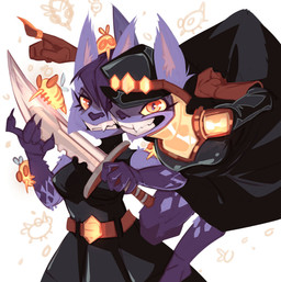 ambiguous_gender anthro belt black_clothing black_dress clothing dress duo eyelashes female fur gesture gloves hand_gesture handwear hat headgear headwear looking_at_another looking_at_viewer melee_weapon pointing pupils purple_body purple_fur red_pupils sword weapon yellow_sclera valeeroy unnamed_character ambiguous_species felid mammal hi_res