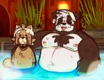 anthro bathing belly black_body black_fur blush brown_body brown_fur detailed_background duo eyes_closed fur male moobs navel nipples overweight overweight_male towel water white_body white_fur scraffyraccoon bear giant_panda mammal procyonid raccoon 2021 hi_res