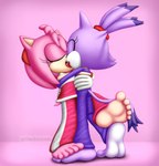 anthro barefoot clothed clothing duo feet female female/female kissing pink_body purple_body soles toes darkneyom sega sonic_the_hedgehog_(series) amy_rose blaze_the_cat domestic_cat eulipotyphlan felid feline felis hedgehog mammal hi_res