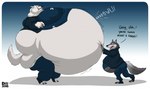 anthro belly big_belly blush bodily_noises chubby_cheeks clothed clothing dessert dialogue doughnut duo extended_sound_effect fangs fat_rolls food fur hand_on_belly holding_doughnut holding_food holding_object huge_belly hyper hyper_belly male morbidly_obese morbidly_obese_anthro morbidly_obese_male name_drop name_in_dialogue obese obese_anthro obese_male onomatopoeia open_mouth overweight overweight_anthro overweight_male pastry perspective_text puffed_cheeks raised_tail rumbling_stomach shush side_view sound_effect_variant sound_effects standing tail teeth text tongue torn_clothing white_body white_fur dino.d.dice disney zootopia gary_(zootopia) larry_(zootopia) canid canine canis mammal wolf 2016 english_text