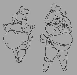 anthro belly big_belly big_breasts bodily_fluids breasts clipboard clothed clothing eyes_closed female flying_sweatdrops hair hair_over_eye holding_clipboard holding_object navel open_mouth open_smile overweight overweight_anthro overweight_female smile solo sweat sweatdrop t-pose tail aortauricle animal_crossing nintendo isabelle_(animal_crossing) canid canine canis domestic_dog mammal shih_tzu toy_dog 2025 greyscale monochrome