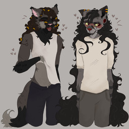 andromorph andromorph/male anthro blush clothed clothing clothing_lift dreadlocks duo ear_piercing facial_piercing fur grey_body grey_fur hair intersex intersex/male long_hair looking_away male nose_piercing open_mouth piercing red_eyes red_nose scratching shirt shirt_lift tattoo topwear white_clothing white_shirt white_topwear yawn appledpie alexander_(huf13) ezekiel_rudenberg canid canine canis domestic_cat felid feline felis mammal wolf 1:1 hi_res
