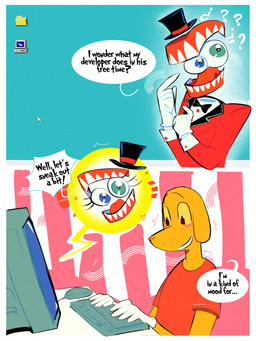 anthro bottomless clothed clothing detailed_background gloves handwear hat headgear headwear red_clothing red_topwear shirt smile solo t-shirt teeth text topwear white_clothing white_gloves white_handwear conditional_dnp thewitchofart glitch_productions the_amazing_digital_circus caine_(tadc) scratch_(tadc) bird_dog canid canine canis domestic_dog humanoid hunting_dog labrador mammal mouth_creature retriever absurd_res comic english_text hi_res