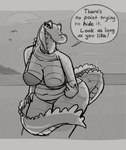 anthro bent_over big_breasts bikini breasts clothed clothing dialogue female inviting non-mammal_breasts open_mouth partially_clothed sharp_teeth sky slightly_chubby smile solo speech_bubble swimwear teeth text thick_thighs tongue two-piece_swimsuit dubindore boobindore_(dubindore) ambient_bird crocodilian reptile scalie absurd_res english_text greyscale hi_res monochrome sketch